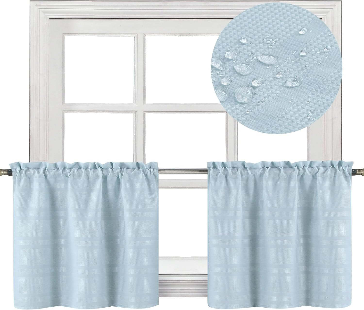 Home Queen White Waffle Bathroom Window Curtains, Water Repellent Rod Pocket Short Kitchen Drapes for Small Window, W 30 X L24 Each