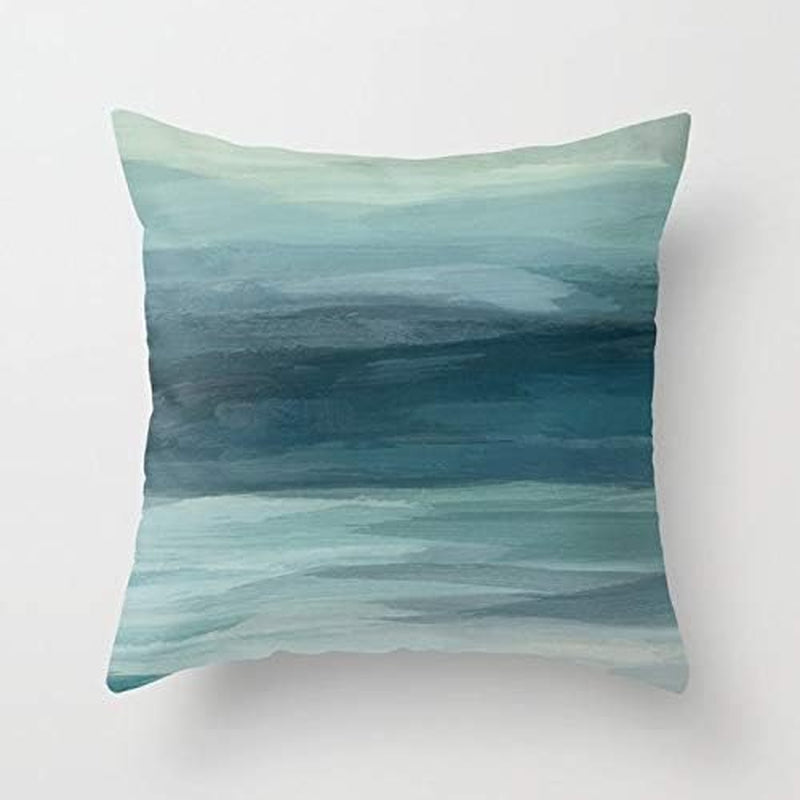 Seafoam Green Mint Navy Blue Abstract Ocean Art Painting Flax Cotton Hidden Zipper Throw Pillow Covers 18X18 in (Two Sides)