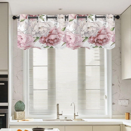 Blooming Pink Peonies Curtain Valance 2 Set Kitchen Valance Curtains for Bedroom Bathroom Decor with Grommet Window Valance 52X18 Inch