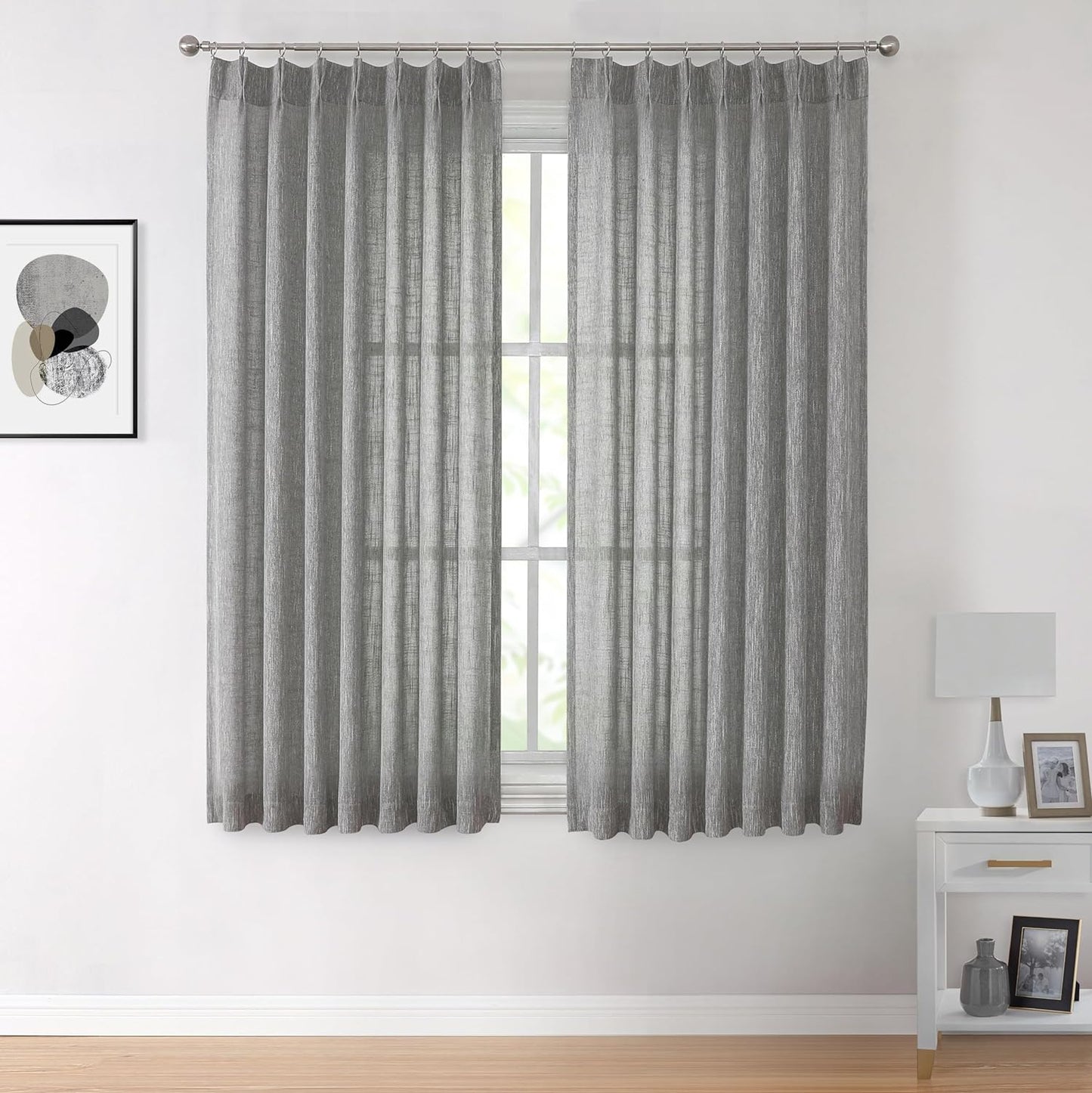 Vision Home Natural Pinch Pleated Semi Sheer Curtains Textured Linen Blended Light Filtering Window Curtains 84 Inch for Living Room Bedroom Pinch Pleat Drapes with Hooks 2 Panels 42" Wx84 L  Vision Home Charcoal Grey/Pinch 40"X72"X2 