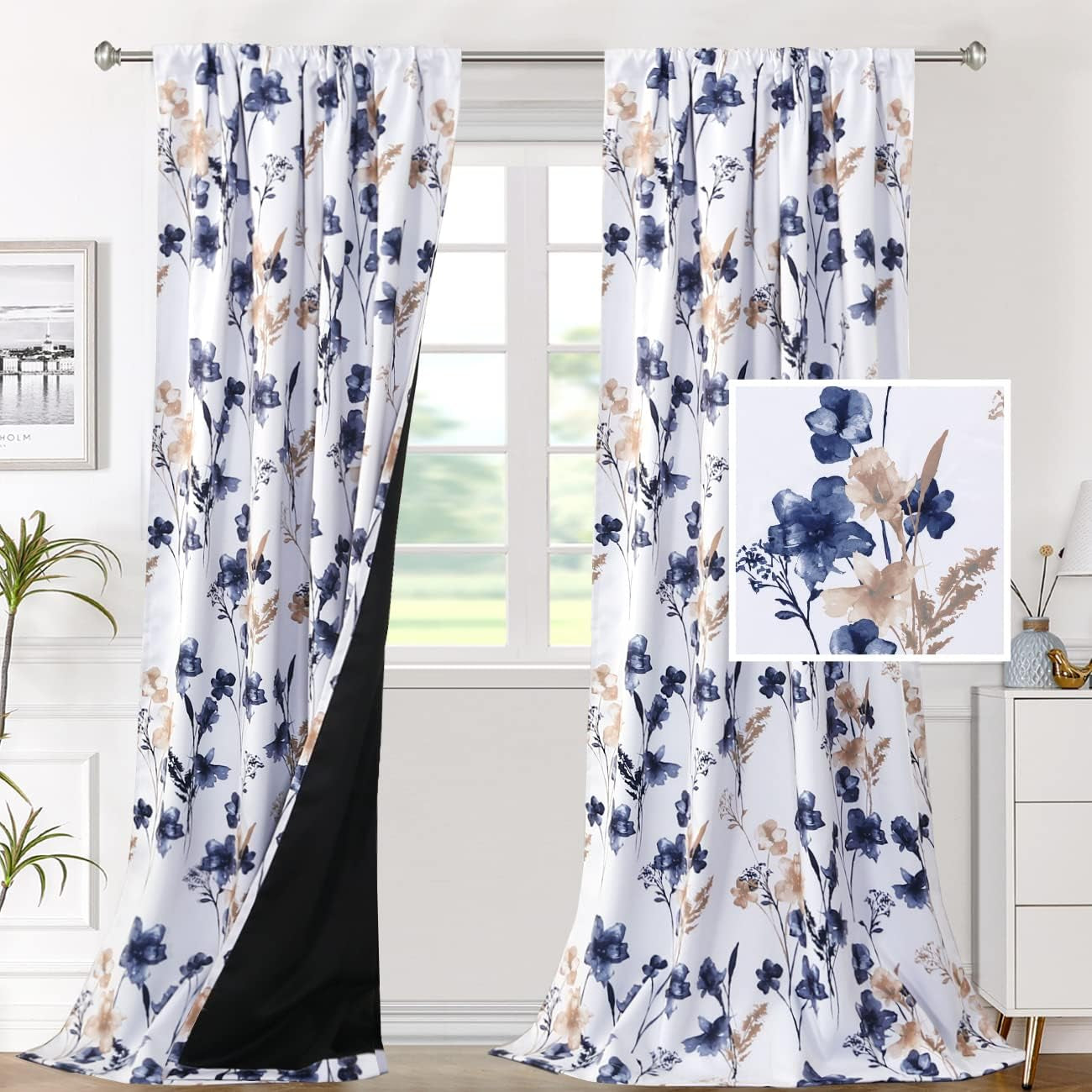 H.VERSAILTEX 100% Blackout Curtains for Bedroom Cattleya Floral Printed Drapes 84 Inches Long Leah Floral Pattern Full Light Blocking Drapes with Black Liner Rod Pocket 2 Panels, Navy/Taupe  H.VERSAILTEX Navy/Taupe 52"W X 96"L 