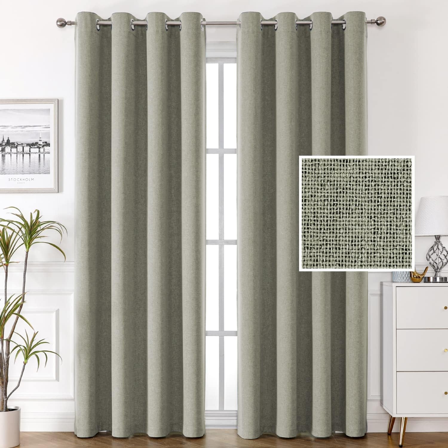 H.VERSAILTEX 100% Blackout Linen Look Curtains Thermal Insulated Curtains for Living Room Textured Burlap Drapes for Bedroom Grommet Linen Noise Blocking Curtains 42 X 84 Inch, 2 Panels - Sage  H.VERSAILTEX Sage 52"W X 96"L 