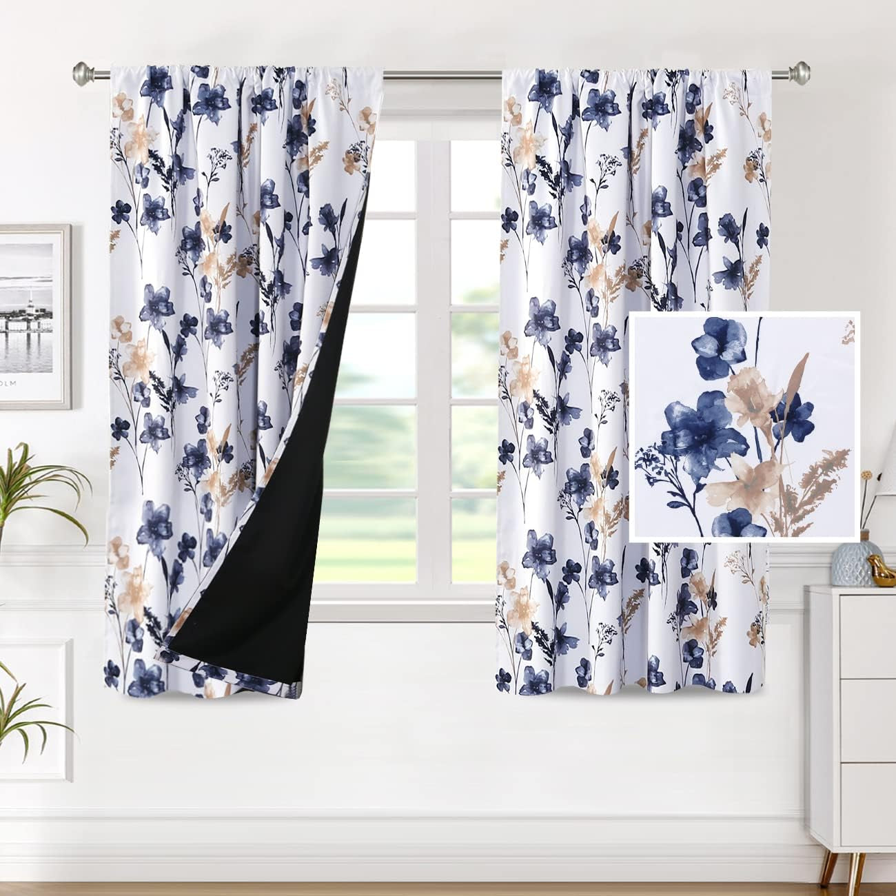 H.VERSAILTEX 100% Blackout Curtains for Bedroom Cattleya Floral Printed Drapes 84 Inches Long Leah Floral Pattern Full Light Blocking Drapes with Black Liner Rod Pocket 2 Panels, Navy/Taupe  H.VERSAILTEX Navy/Taupe 52"W X 63"L 