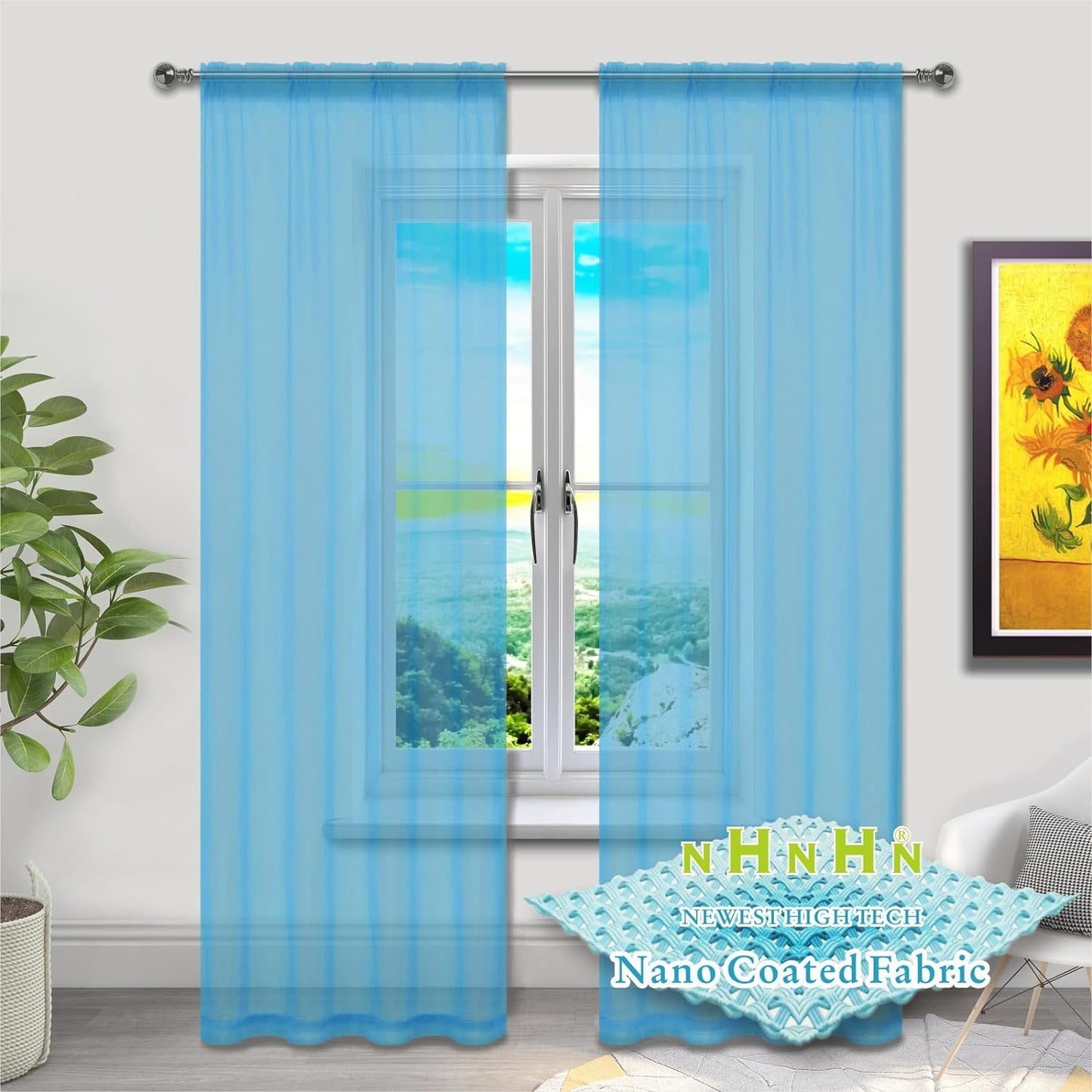 NHNHN Nano Material Coated White Sheer Curtains 84 Inches Long, Rod Pocket Window Drapes Voile Sheer Curtain 2 Panels for Living Room Bedroom Kitchen (White, W52 X L84)  NHNHN Light Blue 52W X 72L | 2 Panels 