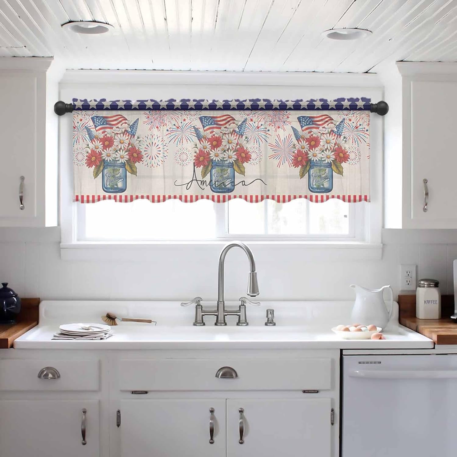 4Th of July Flower Valance Curtains for Kitchen/Living Room/Bathroom/Bedroom Window,Rod Pocket Small Topper Half Short Window Curtains Voile Sheer Scarf, Bottle Fireworks Independence Day 42"X18"