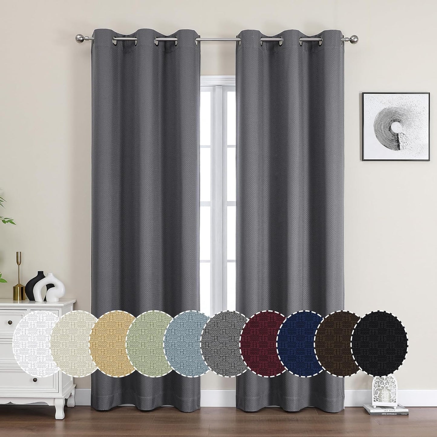 OVZME 100% Black Out Curtains 63 Inch Long 2 Panel Sets for Living Room, Completely Blackout Bedroom Drapes Textured Thermal Insulated Warm Fleece for Winter, Grommet Top, 42W X 63L, Sky Blue  OVZME Charcoal Grey 42W X 84L Inch X 2 Panels 