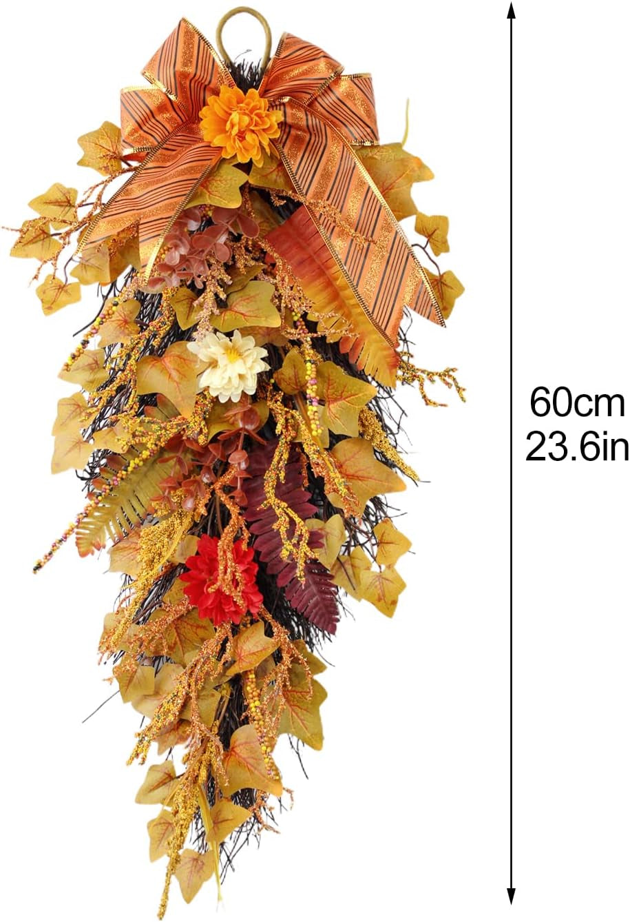 Fall Harvest Teardrop Swag, 23.6Inch Artificial Carnation Flower Swag with Maple Leaves, Bowknot, Artificial Fall Maple Swag Front Door Teardrop Wreath for Thanksgiving Halloween Decor