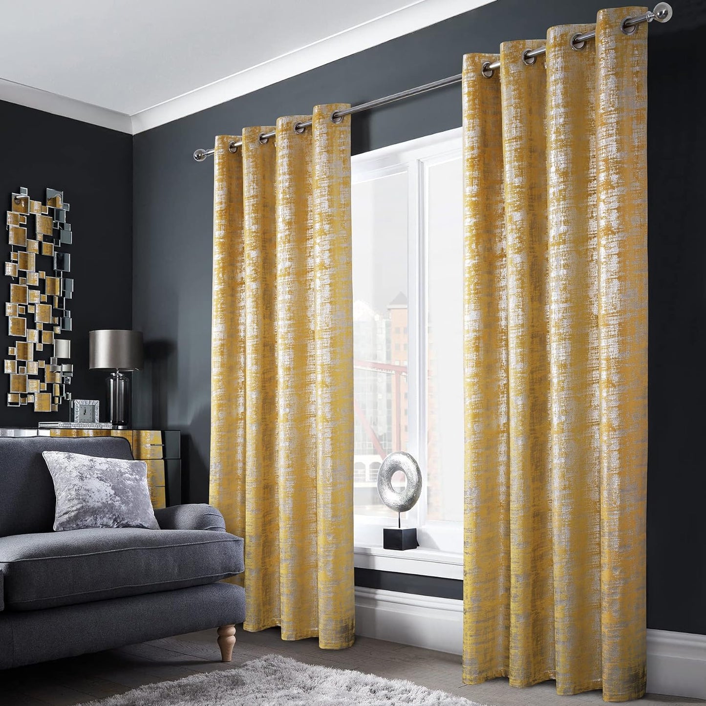 Always4U Soft Velvet Curtains 95 Inch Length Luxury Bedroom Curtains Gold Foil Print Window Curtains for Living Room 1 Panel White  always4u Yellow (Silver Print) 2 Panels: 52''W*84''L 