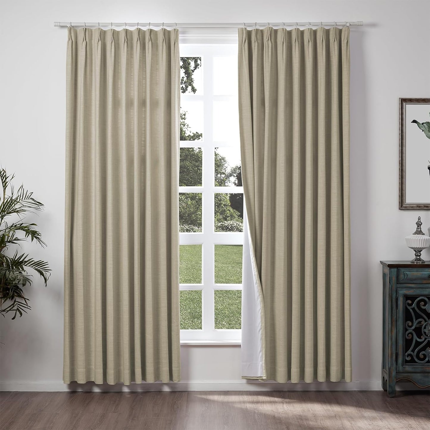 Chadmade 50" W X 63" L Polyester Linen Drape with Blackout Lining Pinch Pleat Curtain for Sliding Door Patio Door Living Room Bedroom, (1 Panel) Sand Beige Tallis Collection  ChadMade Grey Beige (6) 100Wx84L 