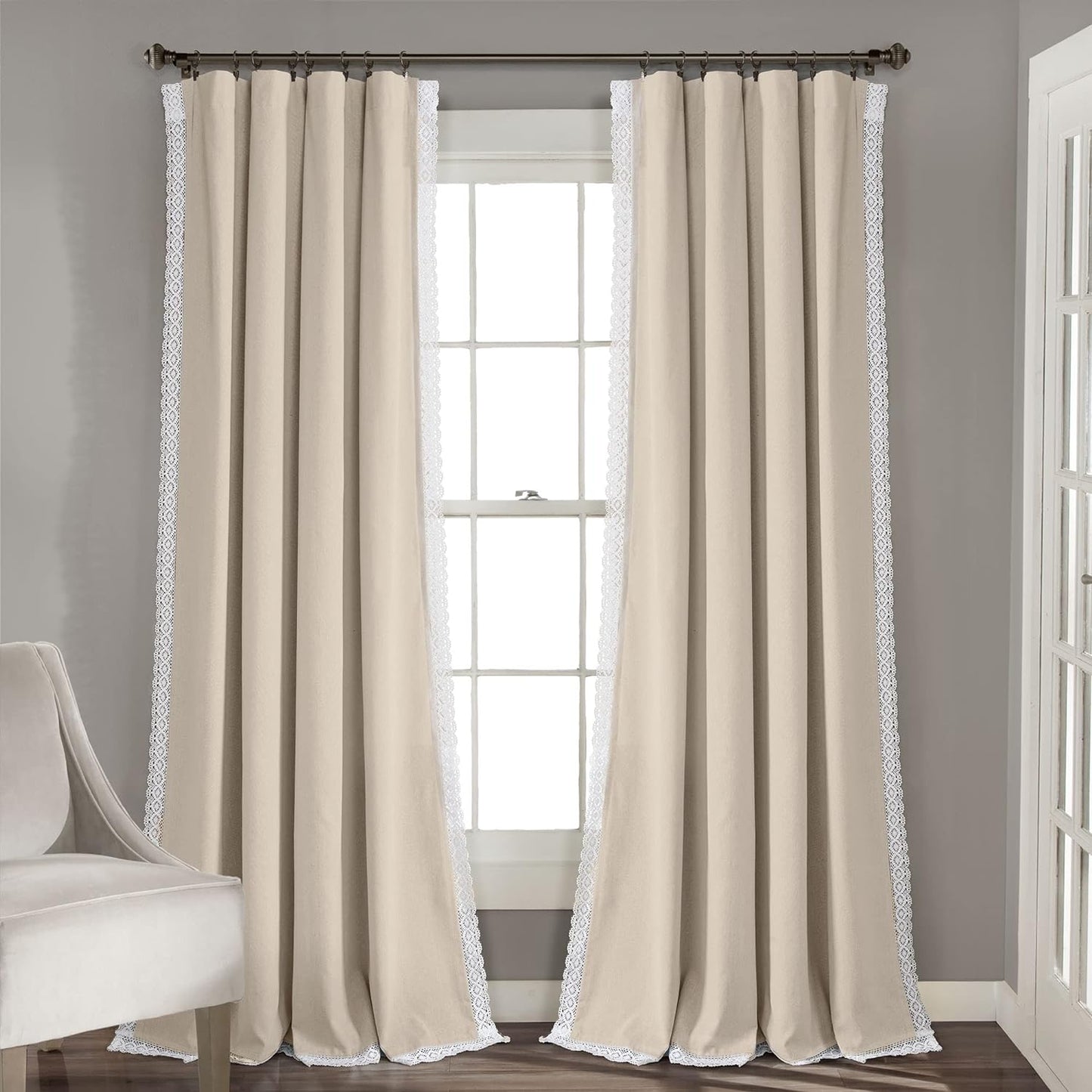 Lush Decor Rosalie Light Filtering Window Curtain Panel Set- Pair- Vintage Farmhouse & French Country Style Curtains - Timeless Dreamy Drape - Romantic Lace Trim - 54" W X 84" L, White  Triangle Home Fashions Neutral Window Panel 54"W X 84"L