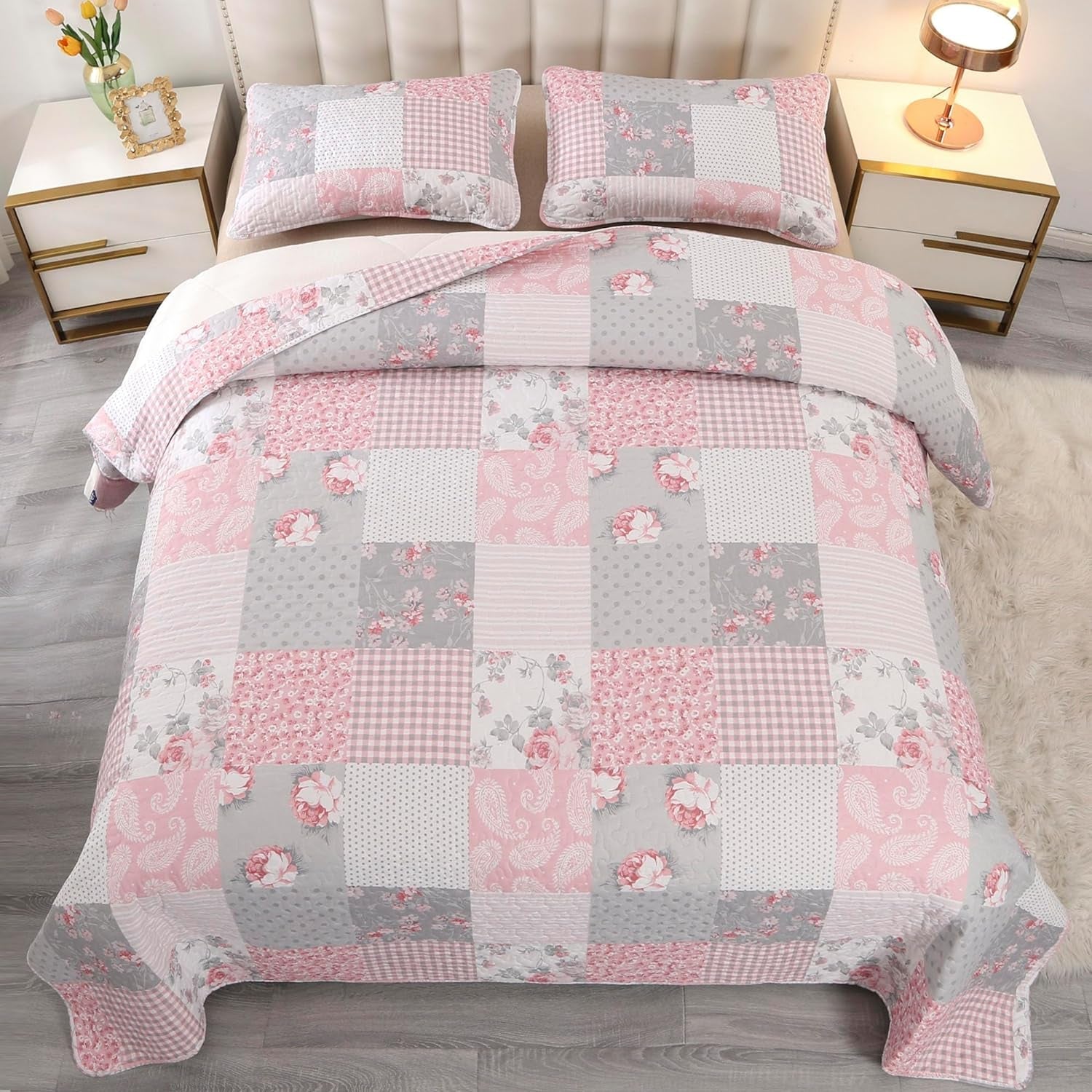 Pink Plaid Patchwork Quilt Set Full Queen Size Floral Rversible Quilted Bedspread Coverlet Set 3-Piece Grey Grid Flowers Lightweight Comforter Bedding Set Bed Sheet Cover Blanket with 2 Pillow Shams