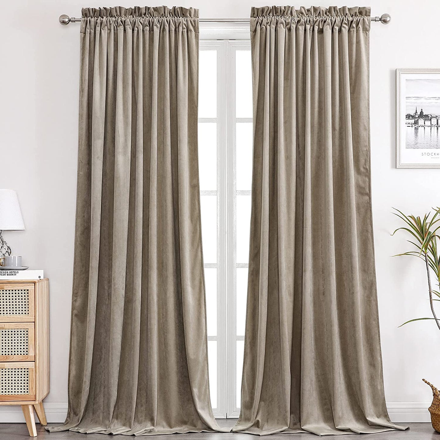 Benedeco Green Velvet Curtains for Bedroom Window, Super Soft Luxury Drapes, Room Darkening Thermal Insulated Rod Pocket Curtain for Living Room, W52 by L84 Inches, 2 Panels  Benedeco Taupe W52 * L63 | 2 Panels 