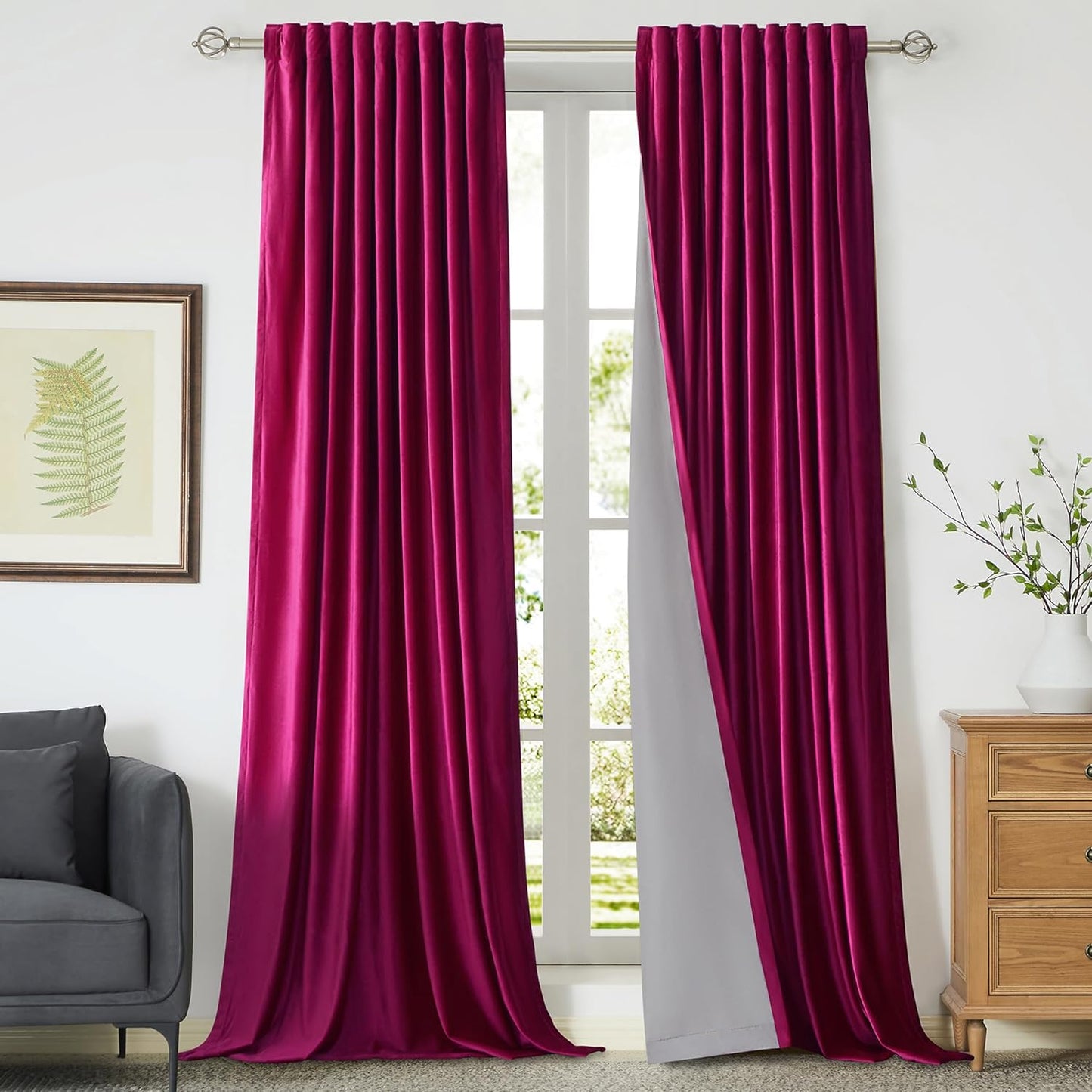 100% Blackout Ivory off White Velvet Curtains 108 Inch Long for Living Room,Set of 2 Panels Liner Rod Pocket Back Tab Thermal Window Drapes Room Darkening Heavy Decorative Curtains for Bedroom  PRIMROSE Hot Pink 52X96 Inches 