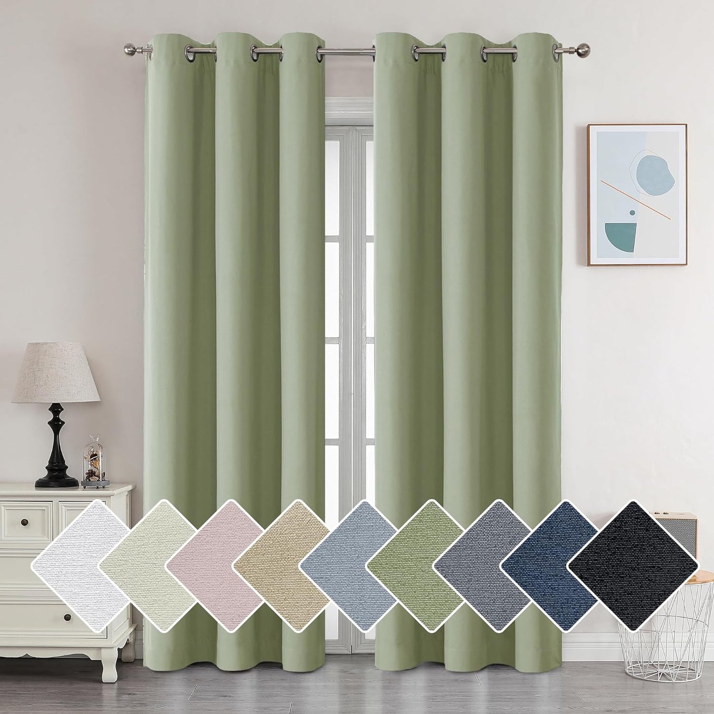Aiyufeng Nika 100% Blackout Navy Blue Curtains 63 Inch Length 2 Panels Set, Energy Efficiency Grommet Solid Blue Blackout Curtains, Thermal Insulated Privacy for Bedroom Dining Room, W38 X L63In  Aiyufeng Sage Green 2X38X84" 