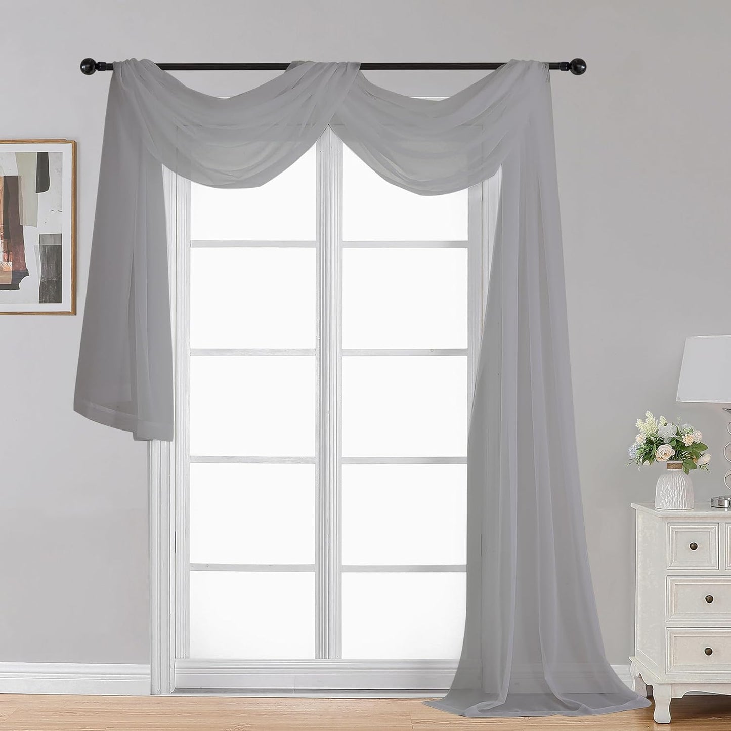 OWENIE White Sheer Valance for Window, Small Short Rod Pocket Voile Valance Curtain Window Treatment Decor for Living Room Bathroom Kitchen Cafe Laundry Basement, 60" W X 14" L  OWENIE Grey 42W X 216L 