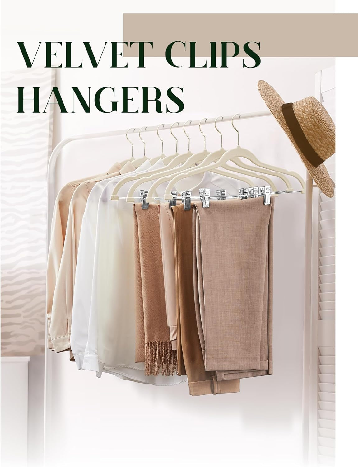 Cozymood Velvet Skirt Hangers 36 Packs Ultra Thin Velvet Hangers with Clips Non Slip Velvet Pant Hangers Space Saving Clothes Hangers with Clips, Velvet Clip Hangers for Pants, Skirts, Jeans (Beige)
