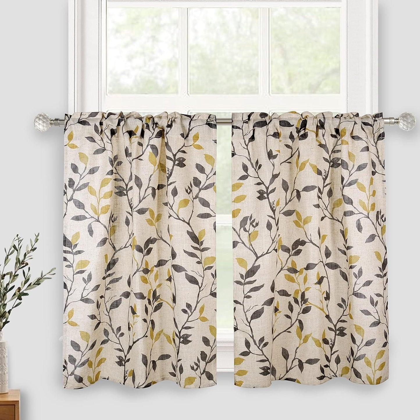 Linen Kitchen Valance, Tree Leaves Printed Window Curtain Valances for Bathroom Bedroom Living Room Farmhouse Decor Rod Pocket Short Cafe Curtains 54 by 14 Inches Gray