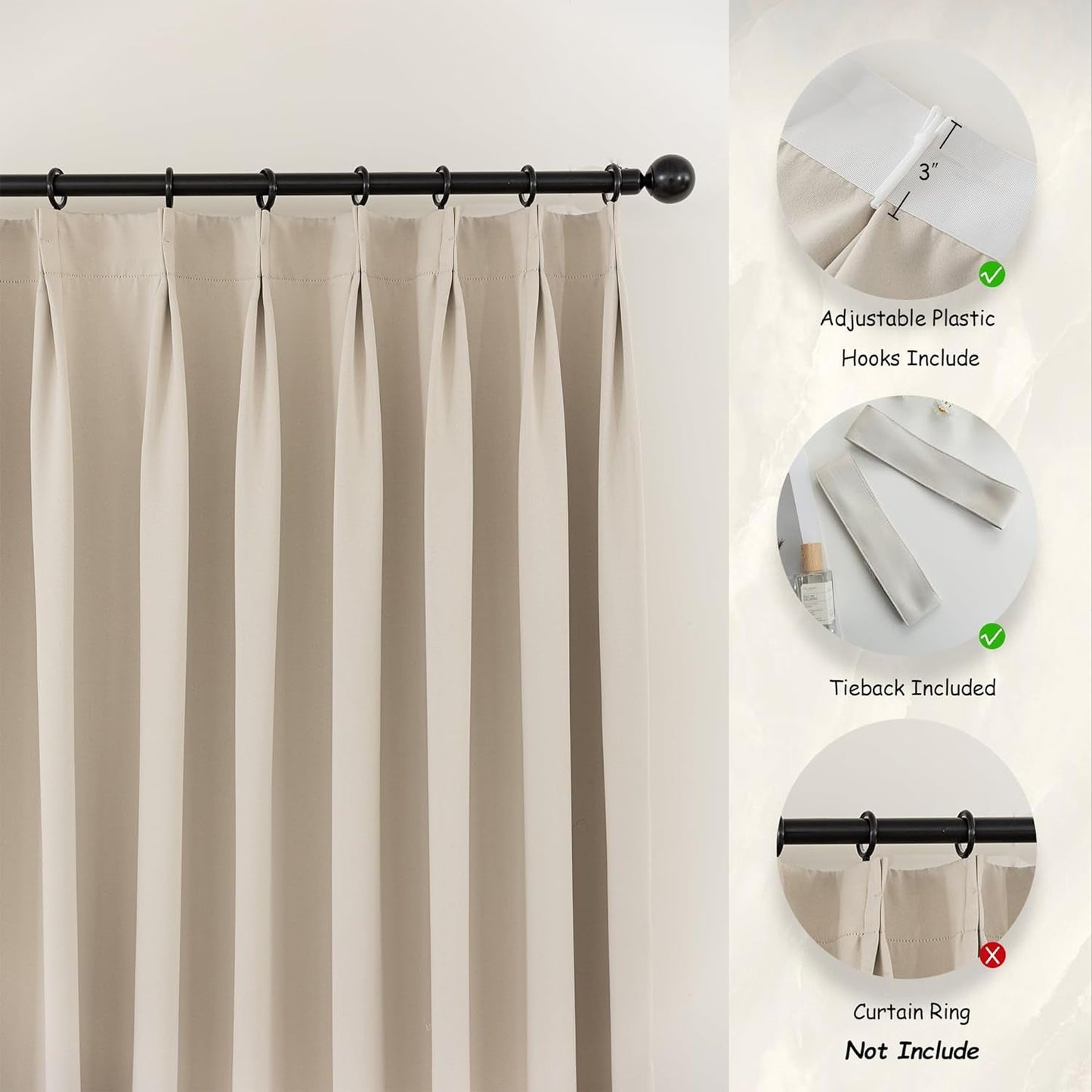 Extra Wide Pinch Pleated Curtains for Living Room,Room Darkening Thermal Insulated Pleated Drapes with Tiebacks,Hooks for Traverse Rod（72" W X 96" L,Ivory,1 Panel）