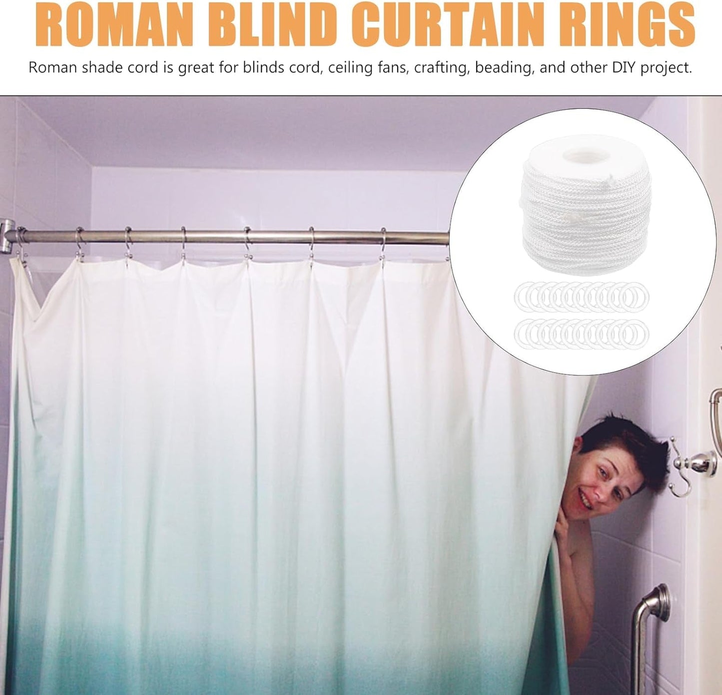Amosfun 100Pcs Roman Curtain Rings Blind Curtain Rings and 55 Yards Cord, Roman Window Sheer Curtains Rings
