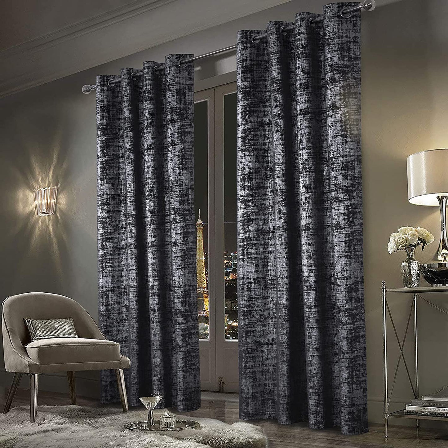 Always4U Soft Velvet Curtains 95 Inch Length Luxury Bedroom Curtains Gold Foil Print Window Curtains for Living Room 1 Panel White  always4u Charcoal Grey (Silver Print) 2 Panels: 52''W*95''L 