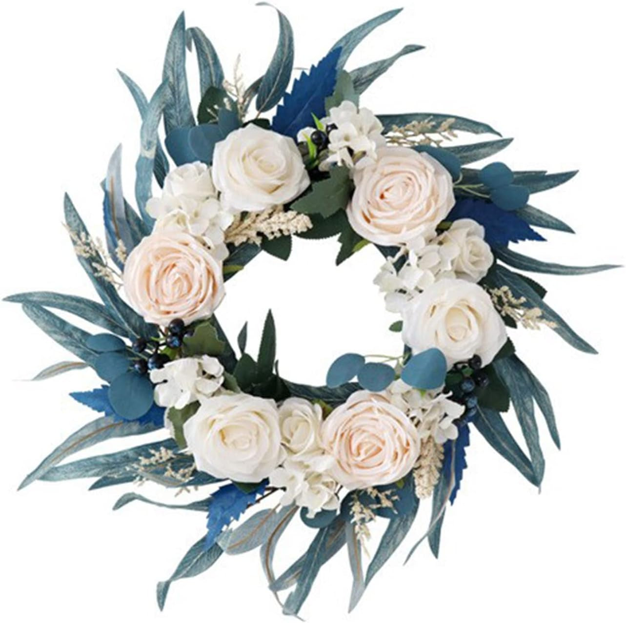 IUIBMI Spring Wreath with Malachite Blue Leaves and Silk Roses Flowers, Artificial Door Wreaths Swag for Front Door, Artificial Flower Wreath for Lintel Wall Window Wedding Arch Party Home Decor