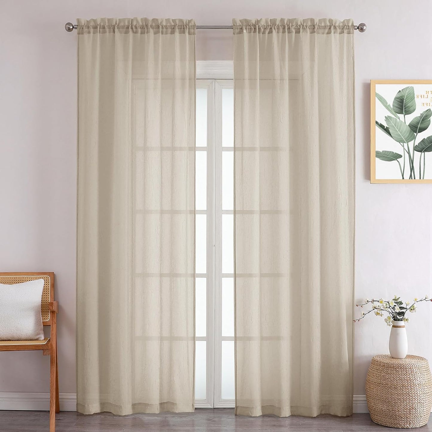 Chyhomenyc Crushed White Sheer Valances for Window 14 Inch Length 2 PCS, Crinkle Voile Short Kitchen Curtains with Dual Rod Pockets，Gauzy Bedroom Curtain Valance，Each 42Wx14L Inches  Chyhomenyc Taupe 42 W X 96 L 