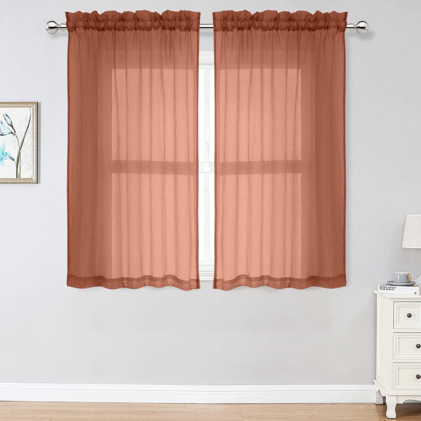 Chyhomenyc Crushed White Sheer Valances for Window 14 Inch Length 2 PCS, Crinkle Voile Short Kitchen Curtains with Dual Rod Pockets，Gauzy Bedroom Curtain Valance，Each 42Wx14L Inches  Chyhomenyc Rust 40 W X 54 L 