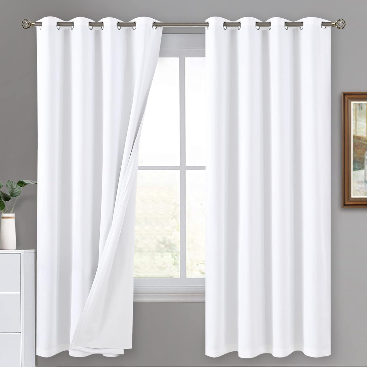 QUEMAS Short Blackout Curtains 54 Inch Length 2 Panels, 100% Light Blocking Thermal Insulated Soundproof Grommet Small Window Curtains for Bedroom Basement with Black Liner, Each 42 Inch Wide, White  QUEMAS   