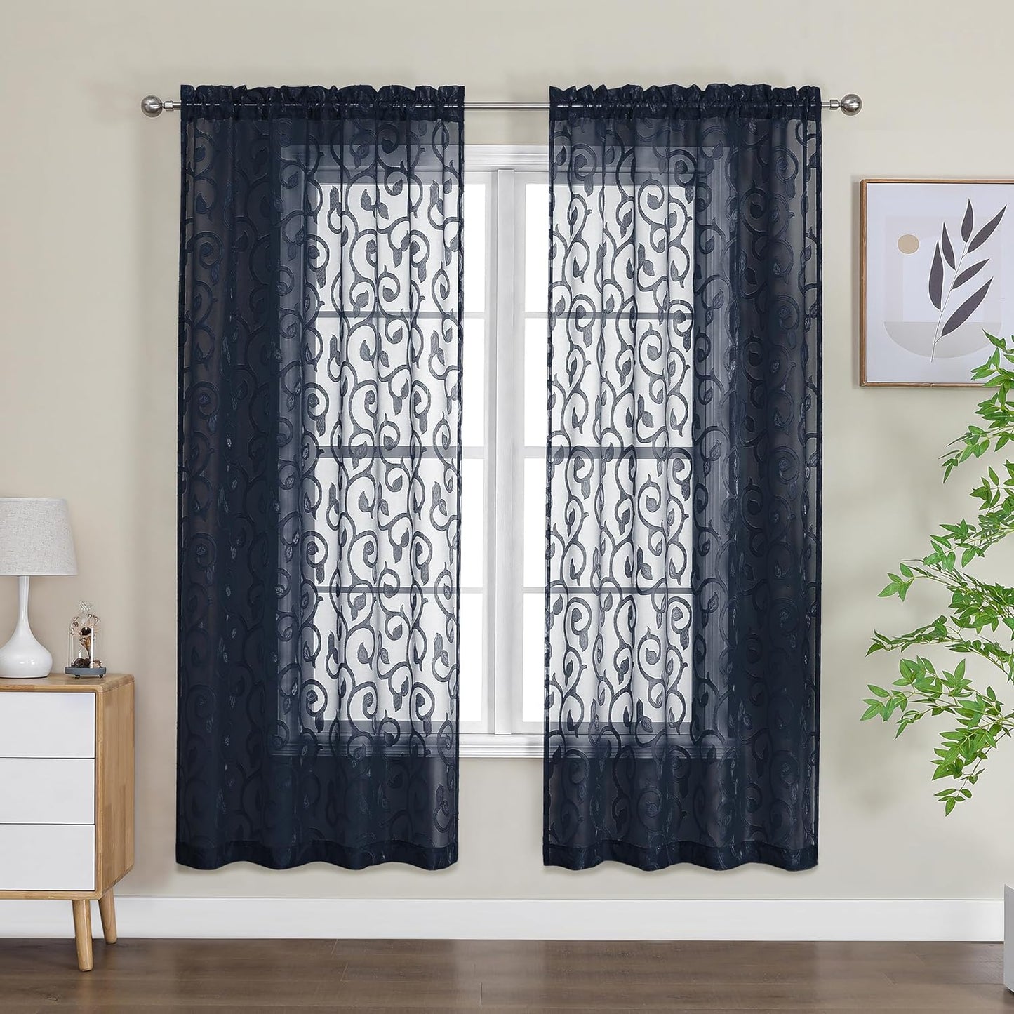 OWENIE Furman Sheer White Curtains 84 Inches Long for Bedroom Living Room 2 Panels Set, White Curtains Jacquard Clip Light Filtering Semi Sheer Curtain Transparent Rod Pocket Window Drapes, 2 Pcs  OWENIE Navy Blue 40W X 63L 