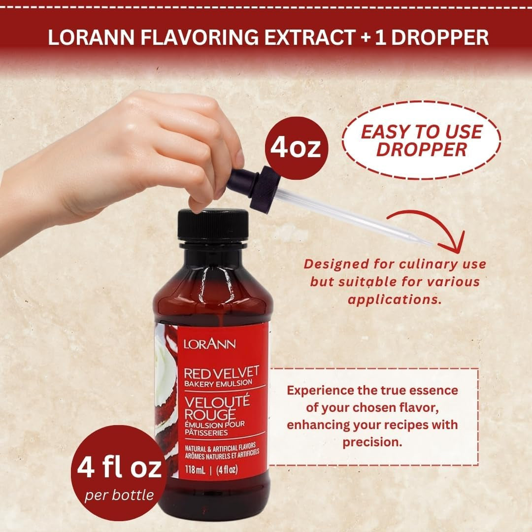 Lorann Flavoring Extract with 4 Oz Threaded Eye Dropper - Red Velvet Flavor (4 Oz) - Flavor-Packed Oils and Extracts - Quantity Guide Included - for Baking, Lip Gloss Flavoring and Candy Making