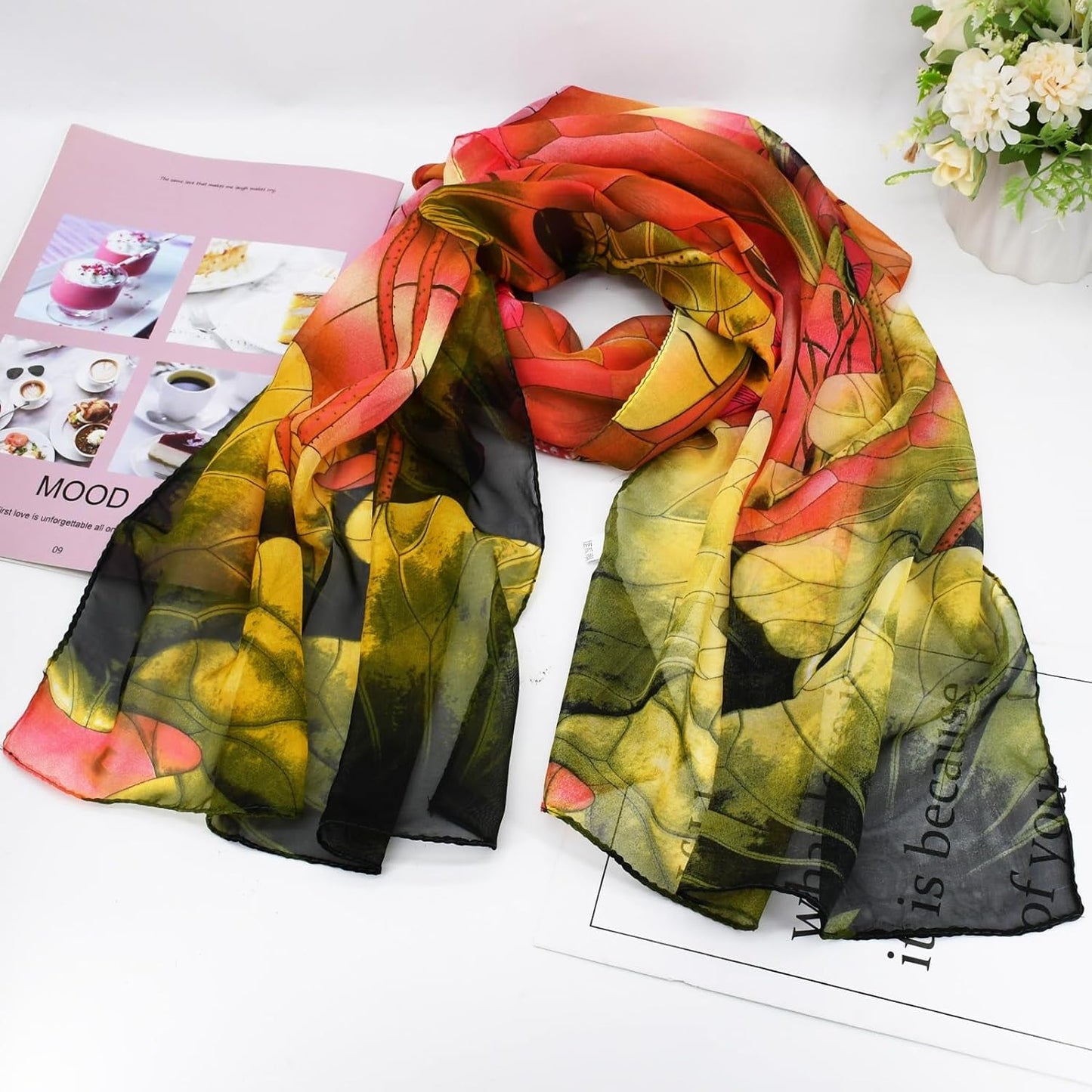 6 Pieces Summer Scarves for Women Lightweight Ultra Thin Silk Sunscreen Head Scarf Gorgeous Floral Pattern Dressy Scarf Lotus Print Chiffon Scarves for Ladies