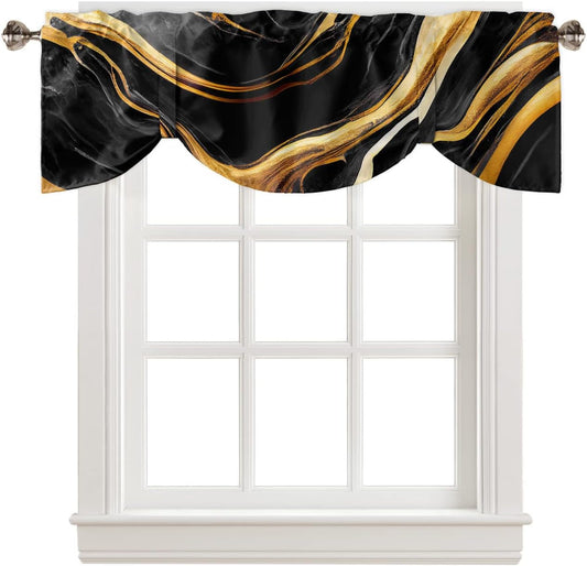 Tie up Valance Curtain Marble Gold Black Pattern Valances for Windows,Window Topper for Living Room Adjustable Drape Valance Window Treatments Small Cafe Curtain 42X18In