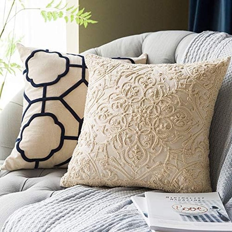 DOKOT Embroidery Throw Pillow Case Covers Square Cushion Cover 100% Cotton with Zipper for Home Decorative 20X20 Inches(50X50Cm) (Beige, 2 Pieces)