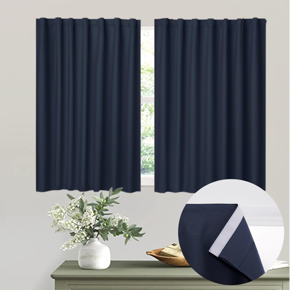 Muamar 2Pcs Blackout Curtains Privacy Curtains 63 Inch Length Window Curtains,Easy Install Thermal Insulated Window Shades,Stick Curtains No Rods, Black 42" W X 63" L  Muamar Navy Blue 29"W X 36"L 