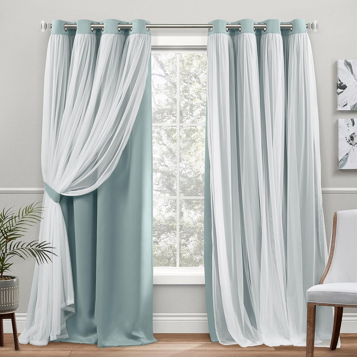 Exclusive Home Catarina Layered Solid Room Darkening Blackout and Sheer Grommet Top Curtain Panel Pair, 52"X84", Rose Blush  Exclusive Home Curtains Seafoam 52X108 