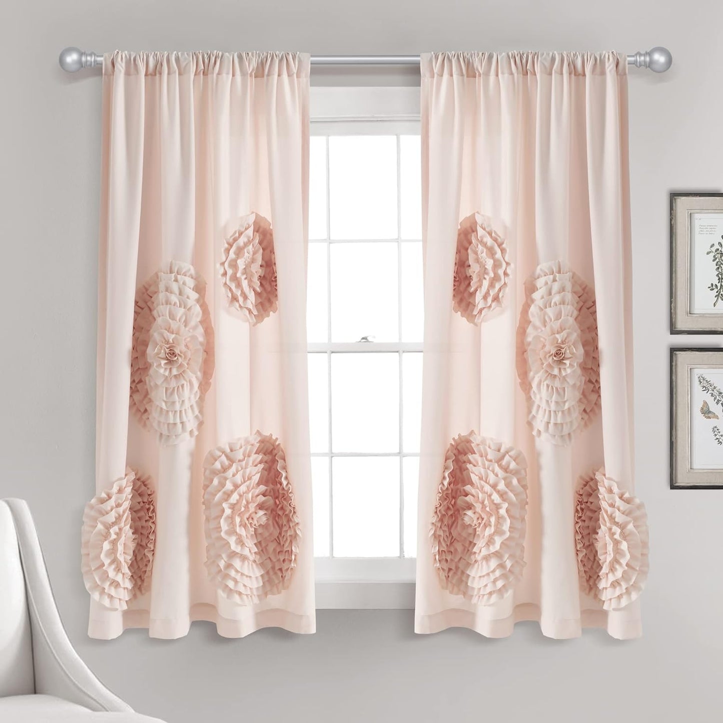 Lush Decor Serena Window Curtain Panel, Single Panel, 54" W X 84" L, Blush - Ruched Ruffled Flower Design - Ruffle Curtains for Bedroom, Living & Dining Room - Vintage Glam & Farmhouse Home Decor  Triangle Home Fashions Blush 54"W X 63"L 