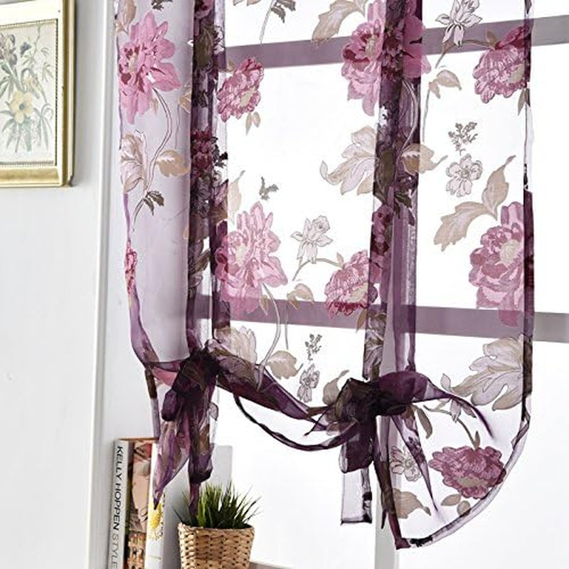 NAPEARL Sheer Tie up Curtains for Kitchen Window, Ajustable Rod Pocket Curtain Valance with Floral Pattern, Balloon Curtains for Bathroom Living Room, 1 Piece (42W X 63 L, Purple)