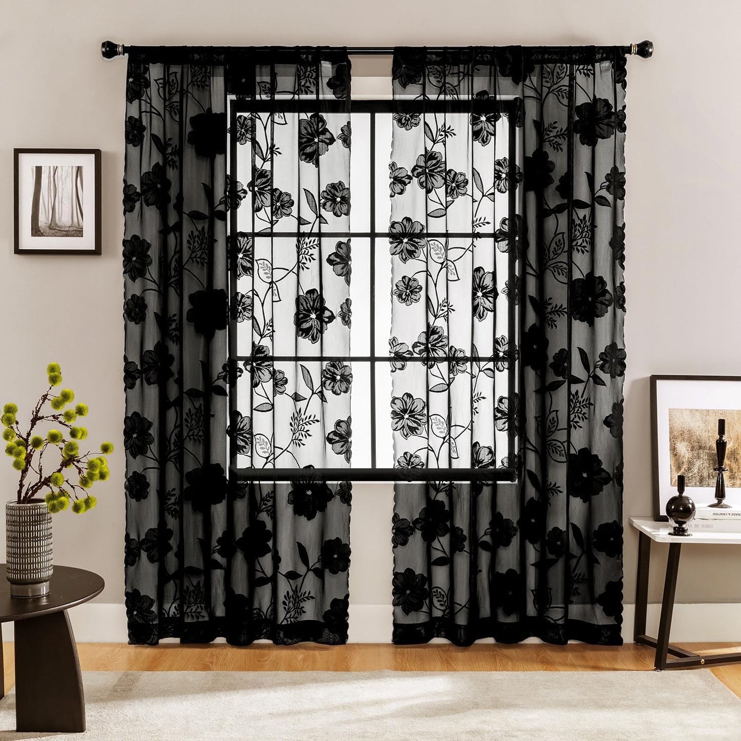 Treatmentex Black Sheer Lace Curtains for Bedroom Living Room Studio 84Inch Long Vintage Rose Floral Embroidered Semi Sheer Curtain Panels Privacy Leaf Sheer Drapes with Scalloped Edge 54" W 2Pcs 7Ft  Treatmentex   