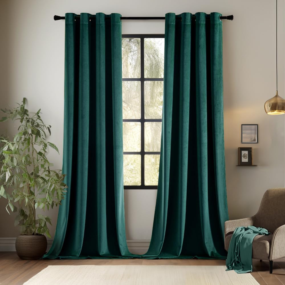 EMEMA Olive Green Velvet Curtains 84 Inch Length 2 Panels Set, Room Darkening Luxury Curtains, Grommet Thermal Insulated Drapes, Window Curtains for Living Room, W52 X L84, Olive Green  EMEMA Velvet/ Dark Green W52" X L96" 