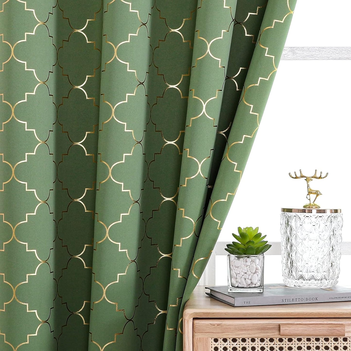 Enactex 100% Full Blackout Curtains 63 Inch Length Thermal Insulated Grey Curtain with Gold Geometric Metallic Pattern, Light Blocking Grommet Window Drapes for Living Room Bedroom, 2 Panels  Enactex Green/Gold W52" X L84" X2 