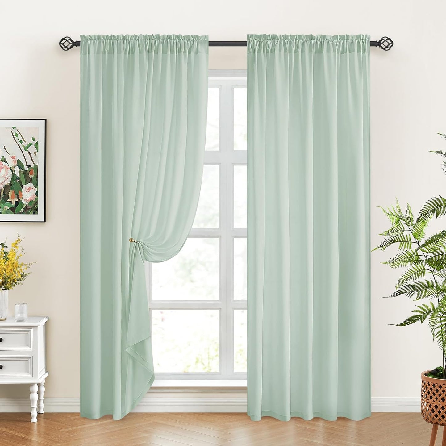 HOMEIDEAS Non-See-Through White Privacy Sheer Curtains 52 X 84 Inches Long 2 Panels Semi Sheer Curtains Light Filtering Window Curtains Drapes for Bedroom Living Room  HOMEIDEAS Sage Green W52" X L84" 