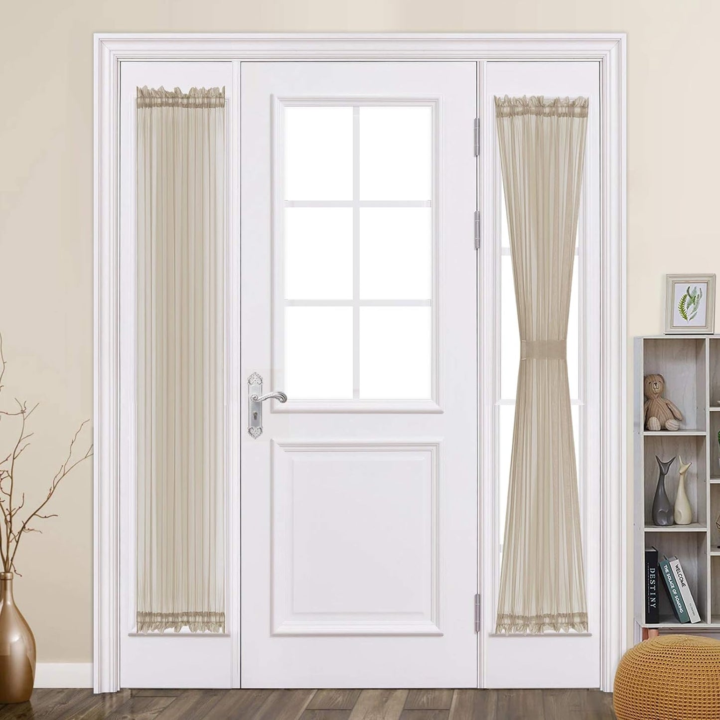 MIULEE French Door Sheer Curtains for Front Back Patio Glass Door Light Filtering Window Treatment with 2 Tiebacks 54 Wide and 72 Inches Length, White, Set of 2  MIULEE Beige 25"W X 72"L 