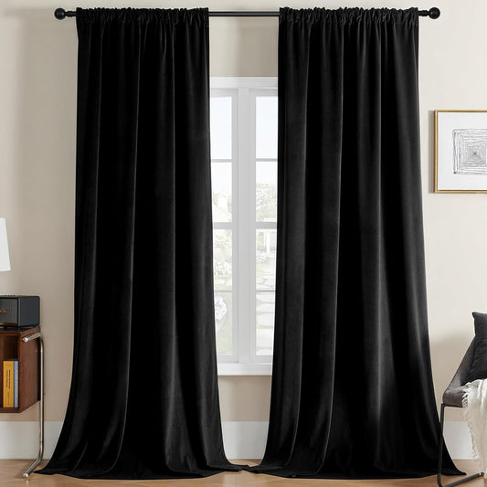 Joydeco Black Velvet Curtains 90 Inch Length 2 Panels, Luxury Blackout Rod Pocket Thermal Insulated Window Curtains, Super Soft Room Darkening Drapes for Living Dining Room Bedroom,W52 X L90 Inches  Joydeco Rod Pocket | Black 52W X 72L Inch X 2 Panels 