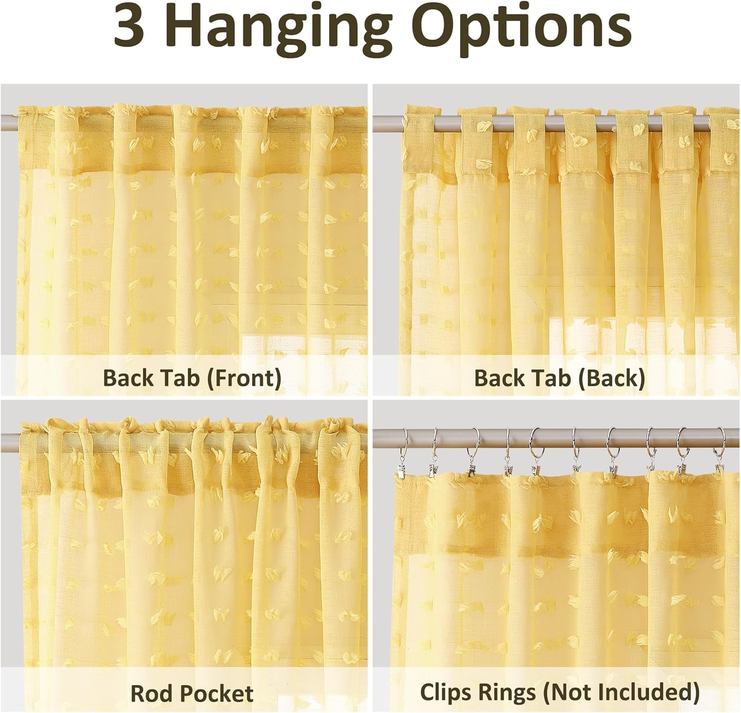 Guken Yellow Semi Sheer Curtains 90 Inches Long for Kids Bedroom Living Room Dining Room Textured Light Filtering Back Tab Rod Pocket Butterfly Cute Pom Pom Boho Drapes,52X90 Inches,2 Panels  Guken   