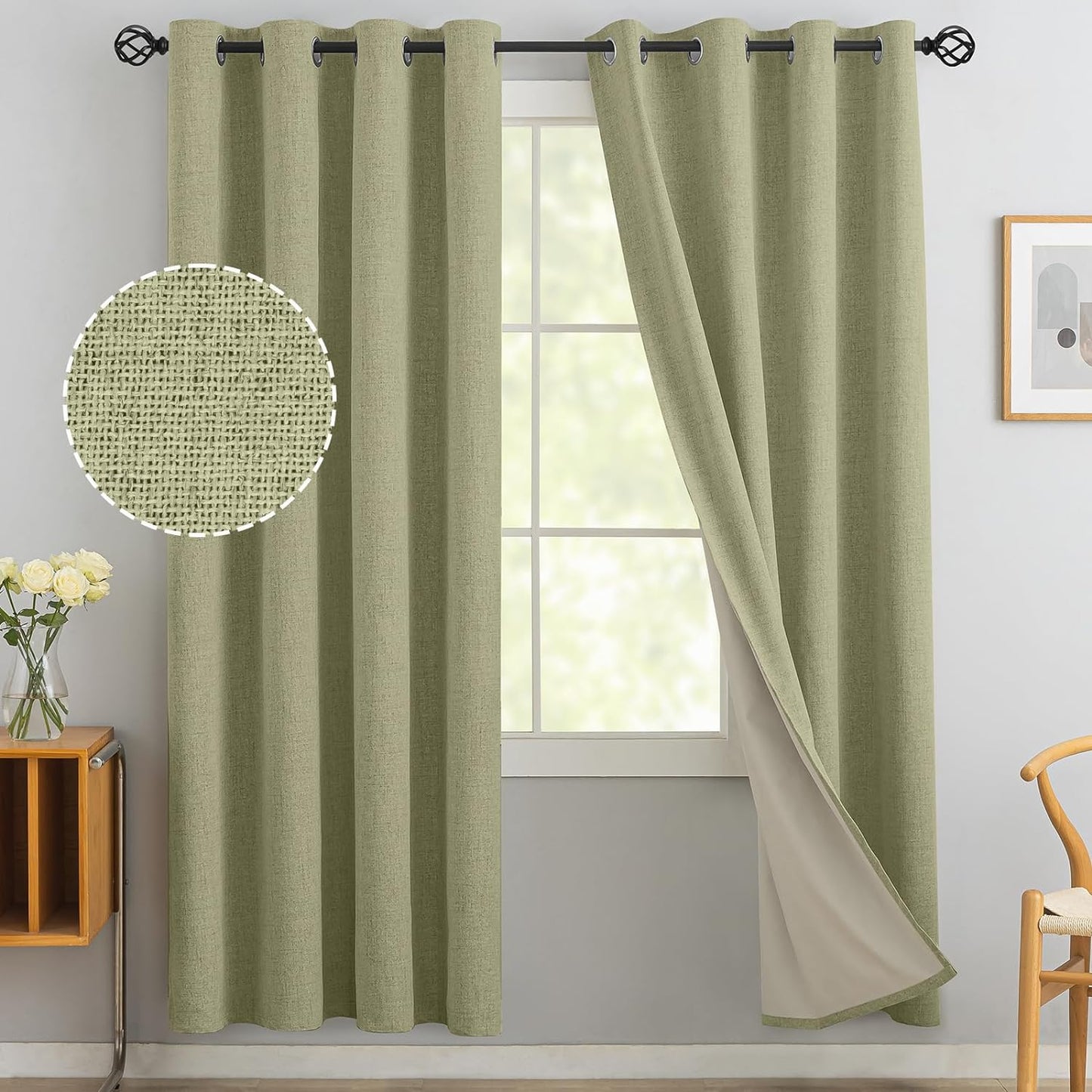 Yakamok Natural Linen Curtains 100% Blackout 84 Inches Long,Room Darkening Textured Curtains for Living Room Thermal Grommet Bedroom Curtains 2 Panels with Greyish White Liner  Yakamok Sage Green 52W X 72L / 2 Panels 