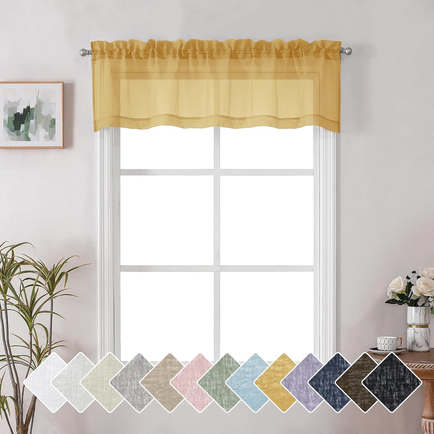 Lecloud Doris Faux Linen Sheer Grey Valance Curtains 14 Inches Length, Cafe Kitchen Bedroom Living Room Gauzy Silver Grey Curtain for Small Window, Slub Light Gray Valance Dual Rod Pockets 60X14 Inch  Lecloud Gold 60 W X 14 L 