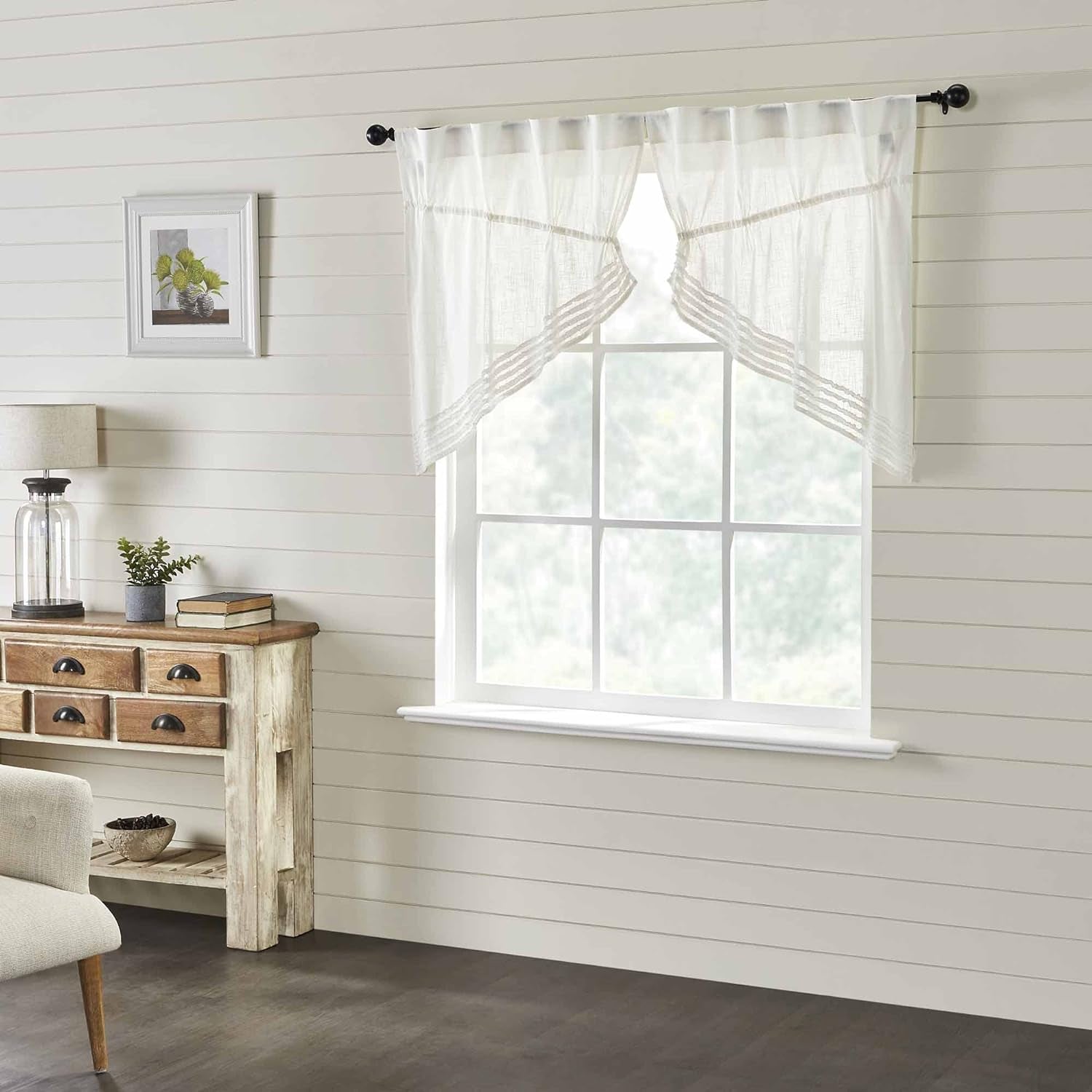 Piper Classics Kathryn Prairie Swags, Set of 2, 36" Long, Gathered Curtains with Drawstring in a Linen-Look Soft White Cotton Semi-Sheer Fabric, Farmhouse, Cottage, Country Style  Piper Classics   