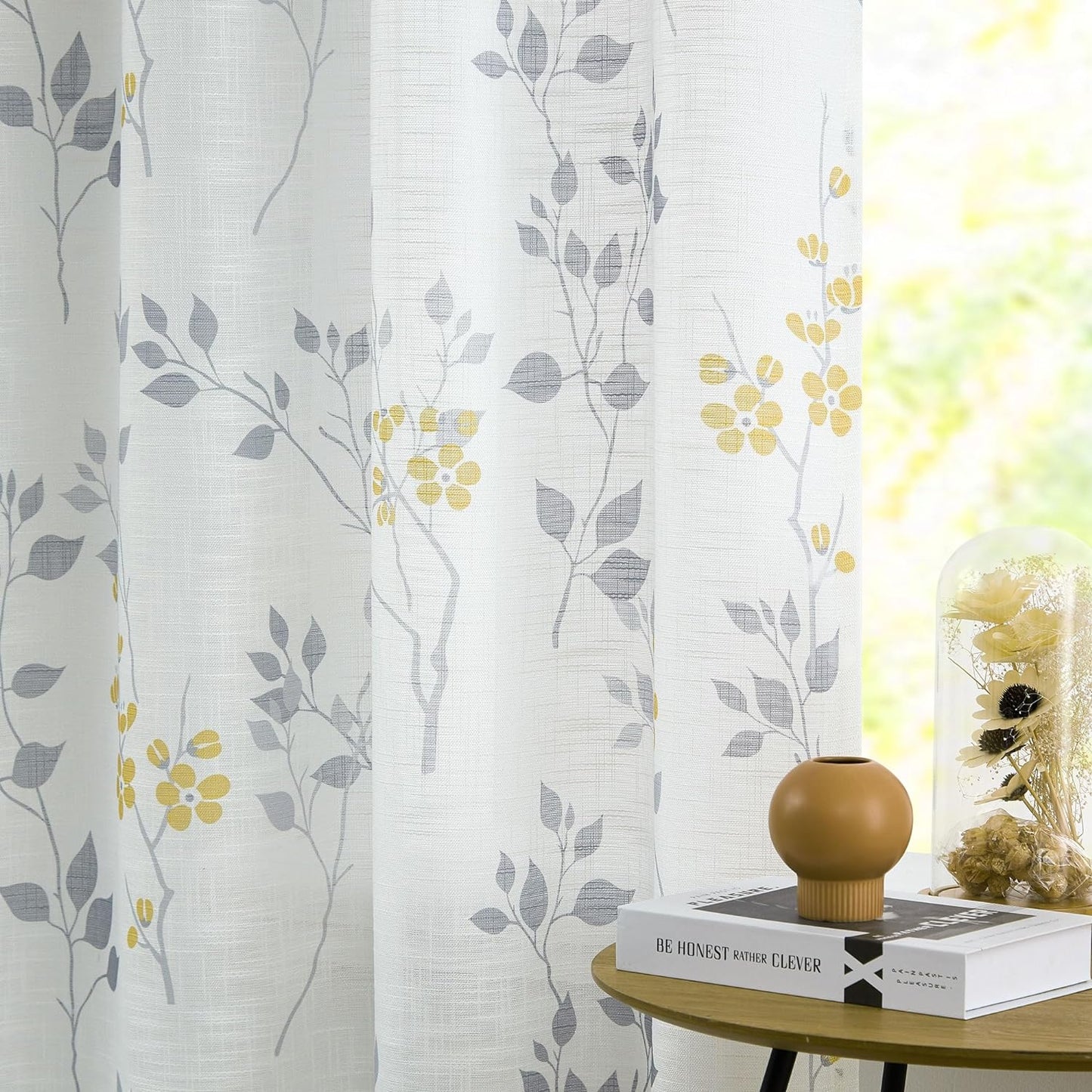 Beauoop Floral Semi Sheer Curtains 84 Inch Long for Living Room Bedroom Farmhouse Botanical Leaf Printed Rustic Linen Texture Panel Drapes Rod Pocket Window Treatment,2 Panels,50 Wide,Yellow/Gray  Beauoop   