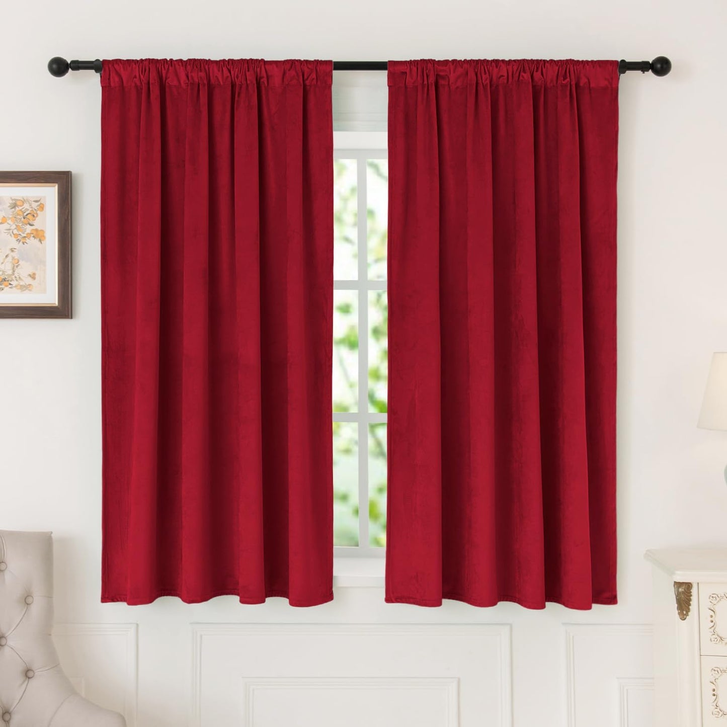Nanbowang Green Velvet Curtains 63 Inches Long Dark Green Light Blocking Rod Pocket Window Curtain Panels Set of 2 Heat Insulated Curtains Thermal Curtain Panels for Bedroom  nanbowang Red 52"X72" 