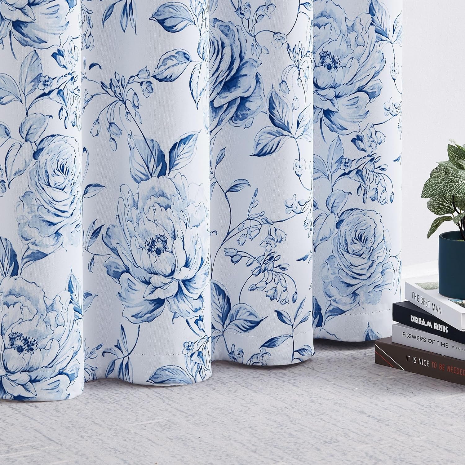 Beauoop Full Blackout Window Curtain Panels Floral Botanical Print Room Darkening Thermal Insulated Drapes Rose Grommet Window Treatment for Bedroom Theatre Office, 52 X 63 Inch, White/Blue, 2 Panels  Beauoop   